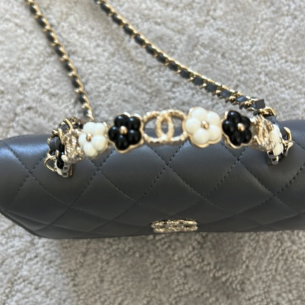 Chanel Grey Flap Phone Holder with Floral Handle and Chain